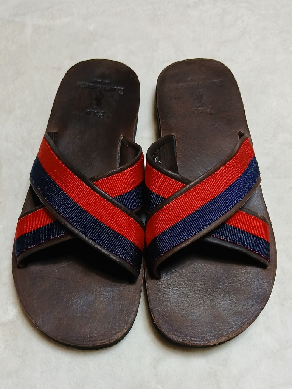 Polo by Ralph Lauren Brown Leather Slides with Red & Navy Cross Straps Size 10D